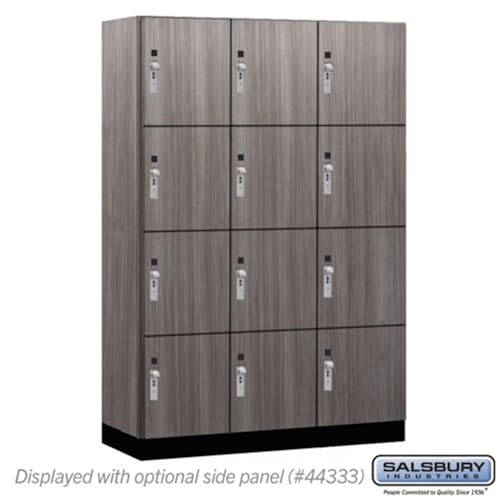 Salsbury 18 Wide Premier Wood Locker-Four Tier-3 Wide-6 Feet High-18” Deep-Skyline Walnut-Silver Hasps