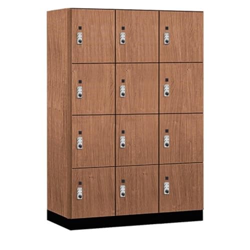 Salsbury 18 Wide Premier Wood Locker-Four Tier-3 Wide-6 Feet High-21” Deep-Red Oak-Silver Resettable Combination Locks