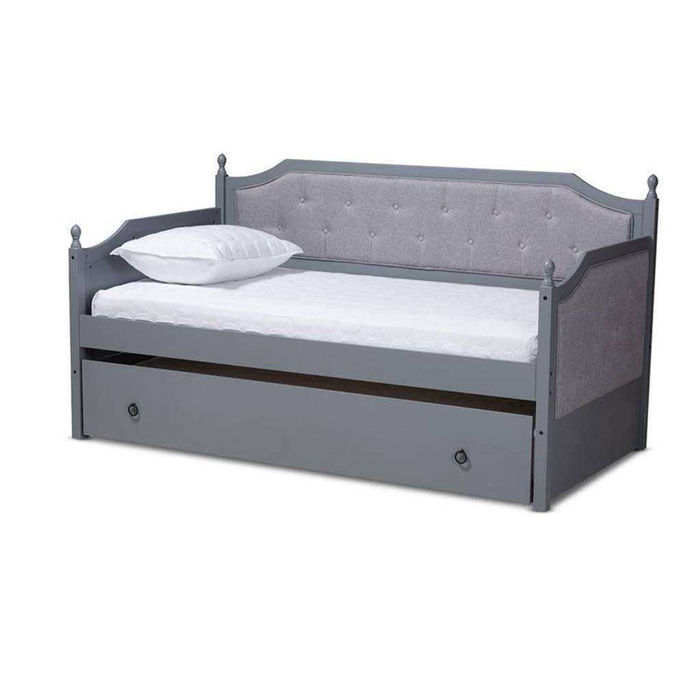Baxton Studio Mara Classic And Traditional Grey Fabric Upholstered Grey Finished Wood Twin Size Daybed With Trundle