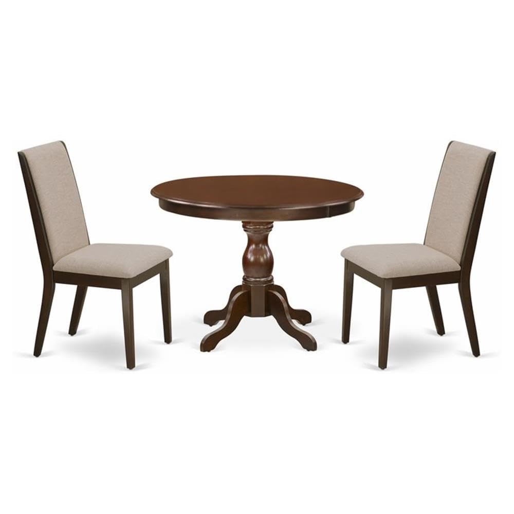 East West Furniture HBLA3-MAH-04 3 Piece Dining Room Table Set - Mahogany Breakfast Table and 2 Light Tan Linen Fabric Kitchen & Dining Room Chairs with High Back - Mahogany Finish