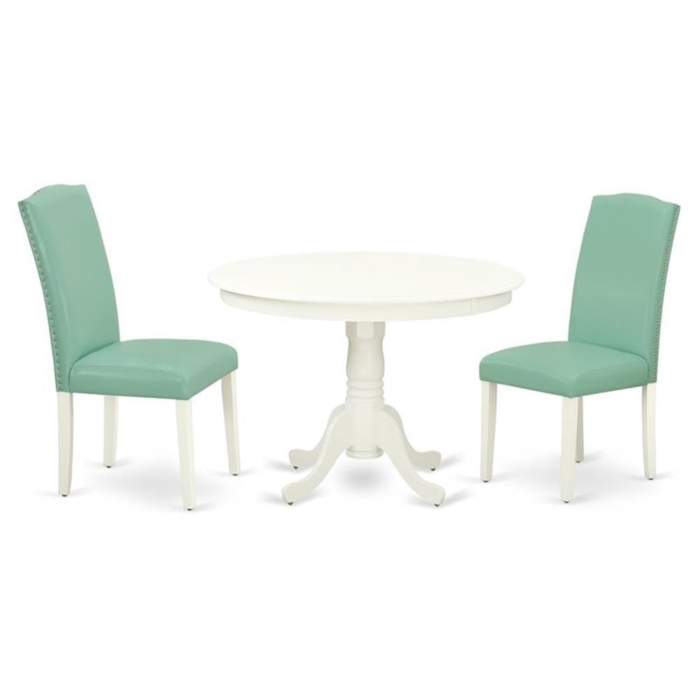 East West Furniture HLEN3-LWH-57 3 Piece Dining Room Table Set Contains a Round Kitchen Table with Pedestal and 2 Pond Faux Leather Parson Dining Chairs, 42x42 Inch, Linen White