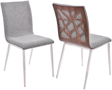 Armen Living Crystal Dining Chair In Brushed Stainless Steel Finish With Grey Fabric And Walnut Back - Set Of 2