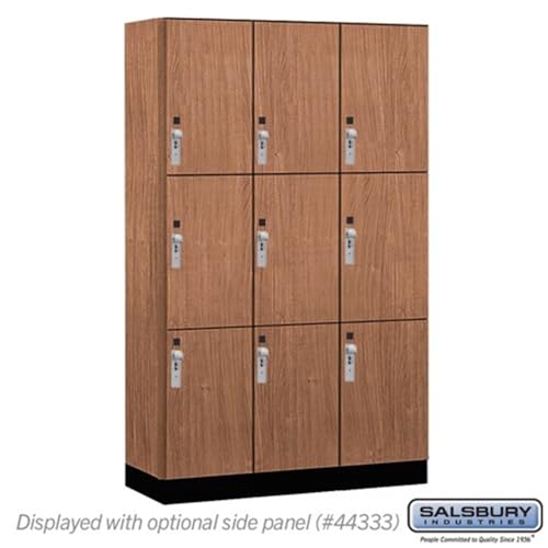 Salsbury 15 Wide Premier Wood Locker-Triple Tier-3 Wide-6 Feet High-18” Deep-Red Oak-Silver Hasps