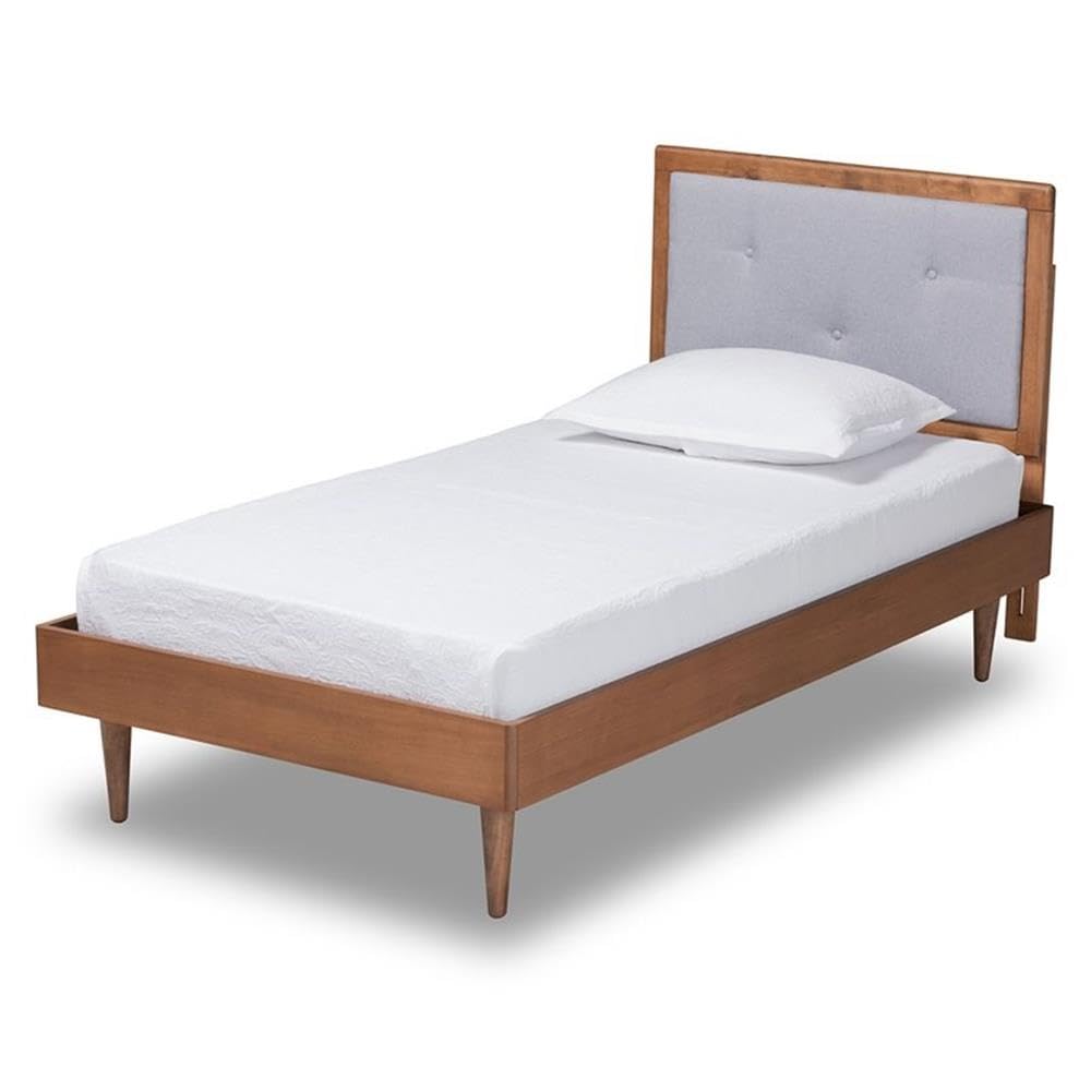 Baxton Studio Saul Mid-Century Modern Light Grey Fabric Upholstered And Walnut Brown Finished Wood Twin Size Platform Bed