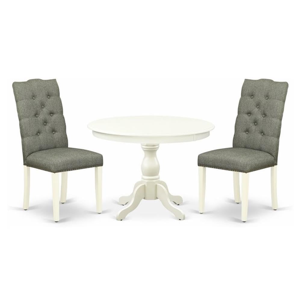 East West Furniture HBEL3-LWH-07 3 Piece Dining Room Set - Linen White Wood Dining Table and 2 Smoke Linen Fabric Mid Century Modern Chairs Button Tufted Back with Nail Heads - Linen White Finish