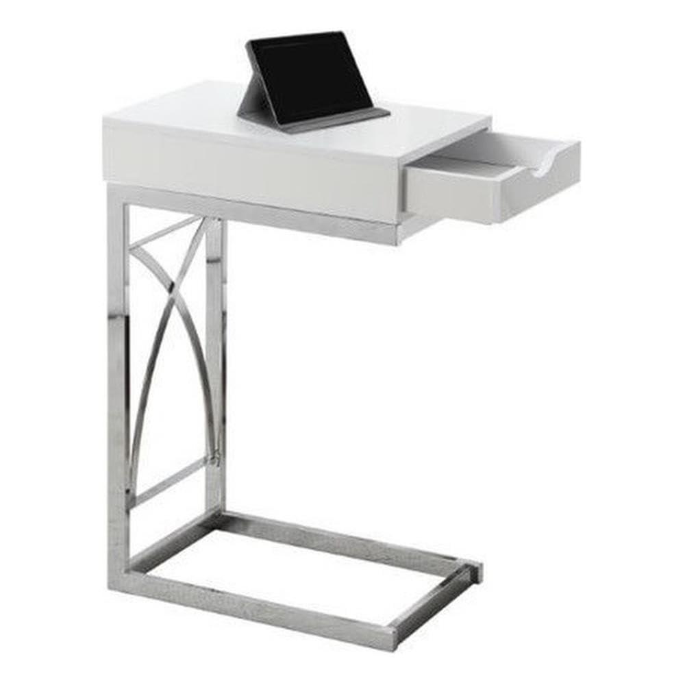 Accent Table, C-Shaped, End, Side, Snack, Storage Drawer, Living Room, Bedroom, Metal, Laminate, Glossy White, Chrome, Contemporary, Modern