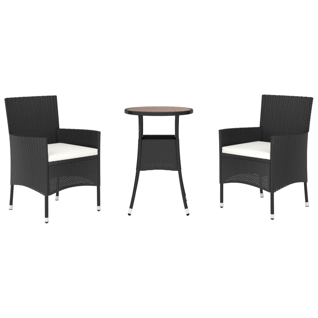 Vidaxl 3-Piece Patio Bistro Set In Black Poly Rattan – Comfortable Cushioned Chairs And Solid Acacia Wood Top Table - Perfect For Garden, Patio, Deck