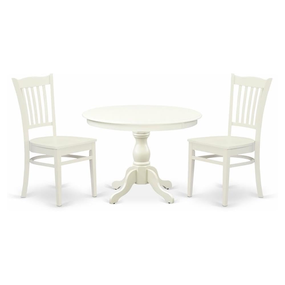 East West Furniture HBGR3-LWH-W 3 Piece Table Set - Linen White Round Dining Table and 2 Linen White Kitchen Chairs with Slatted Back - Linen White Finish