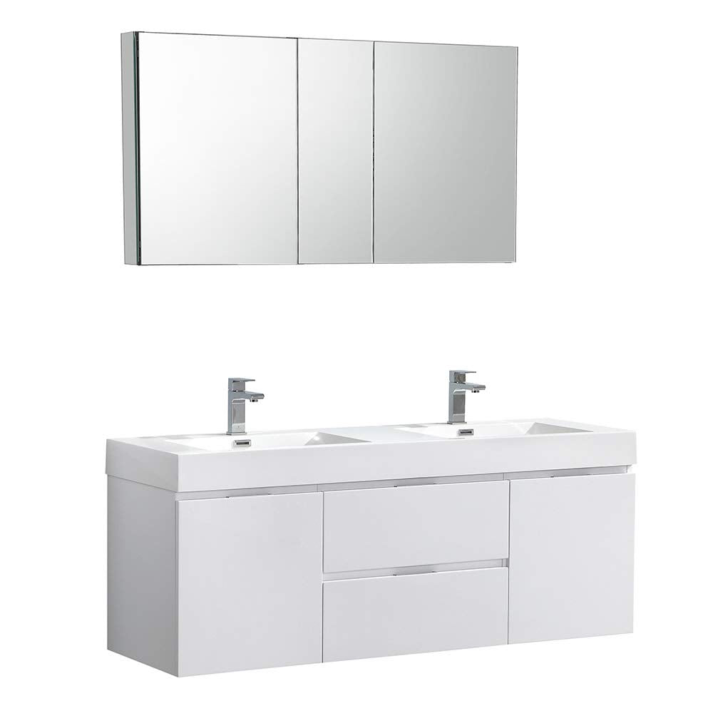 Fresca Valencia 60 Inch Glossy White Wall Hung Double Sink Modern Wood Bathroom Vanity And Medicine Cabinet - Faucet Sold Separa