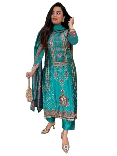 Gosriki WomenS Rayon Viscose Straight Printed Kurta With Pant & Dupatta (Vaksi Teal-Gs_Xxl_Teal Blue_Xx-Large)