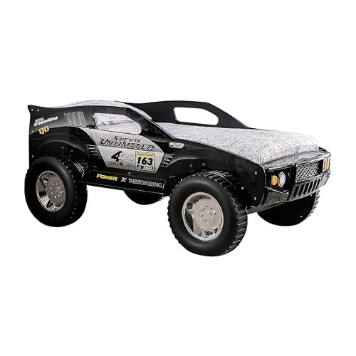 Jacky Kids Twin Bed with Off-Road Car Design, LED Headlights, Black Wood