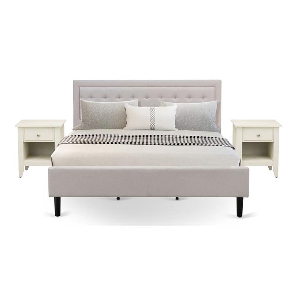FN08K-2GA0C 3-Piece Platform King Size Bed Set with 1 King Size Bed Frame and 2 Mid Century Nightstands - Reliable and Durable Manufacturing - Mist Beige Linen Fabric