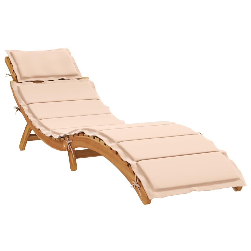 Vidaxl Acacia Wood Sun Lounger With Cushion - Beige, Foldable, Weather-Resistant, Ideal For Poolside/Patio/Garden, Modern Slatted Design