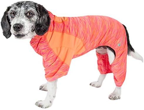Pet Life  Active Downward Dog Heathered Performance 4-Way Stretch Two-Toned Full Body Warm Up Hoodie, Orange - Medium