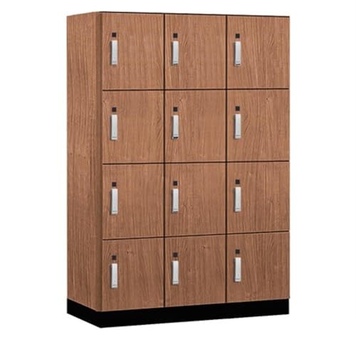 Salsbury 18 Wide Premier Wood Locker-Four Tier-3 Wide-6 Feet High-21” Deep-Red Oak-Silver Electronic Locks