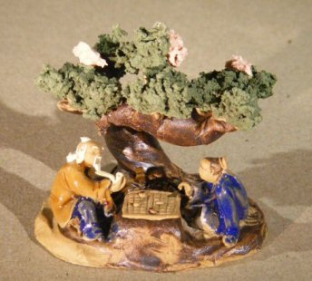 Miniature Ceramic Figurine<br> Two Men Sitting at a Table Under a Tree<br>Color: Blue & Brown