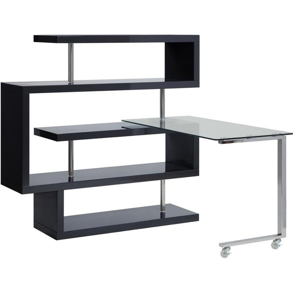 Writing Desk w/Shelf Clear Glass, Chrome & Black High Gloss Finish