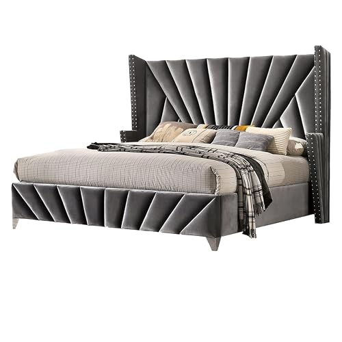 Ino Wingback King Bed, Nailhead Trim, Gray Tufted Velvet Upholstery