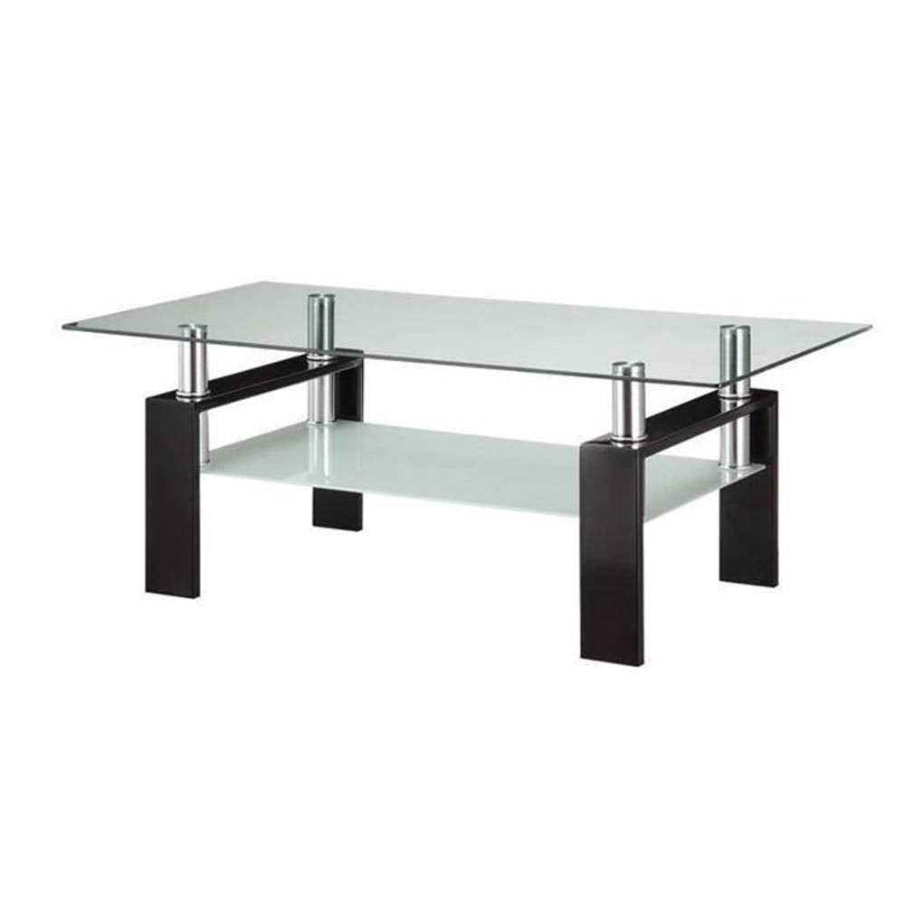 Benjara Glass Top Coffee Table With Metal Base And 1 Bottom Shelf, Clear And Black