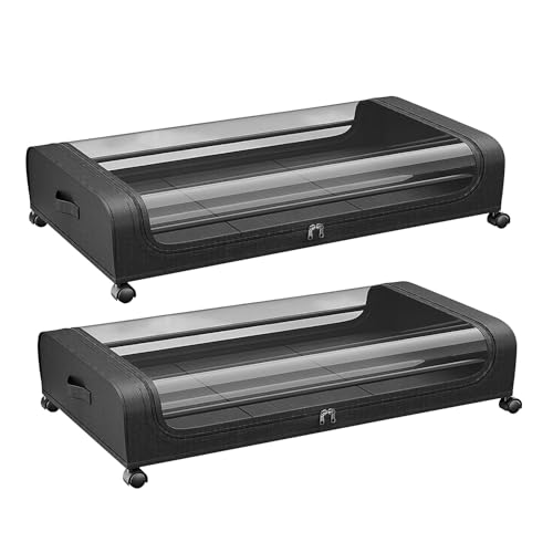 2Packs Under Bed Storage Containers Rolling Clothing Organizer 42L/11Gal Under BedDrawers with Clear Lid 360 Lockable Rolling Wheels Strap Handles