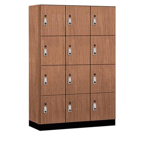 Salsbury 18 Wide Premier Wood Locker-Four Tier-3 Wide-6 Feet High-18” Deep-Red Oak-Silver Resettable Combination Locks