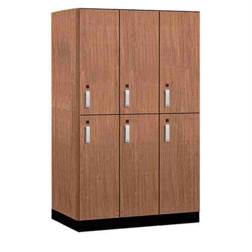Salsbury 15 Wide Premier Wood Locker-Double Tier-3 Wide-6 Feet High-24” Deep-Red Oak-Silver Electronic Locks