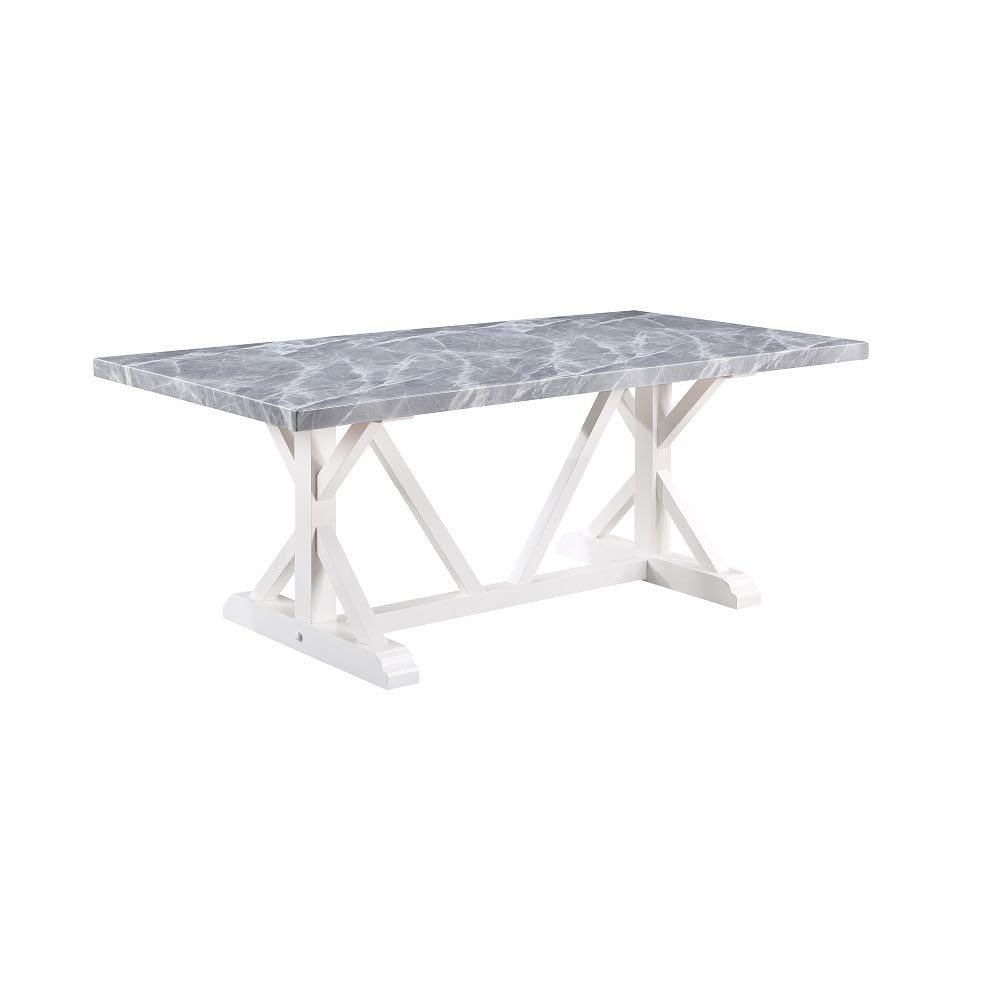 Joyce 78 Inch Dining Table, Modern Faux Stone Top, White Finished Wood Base