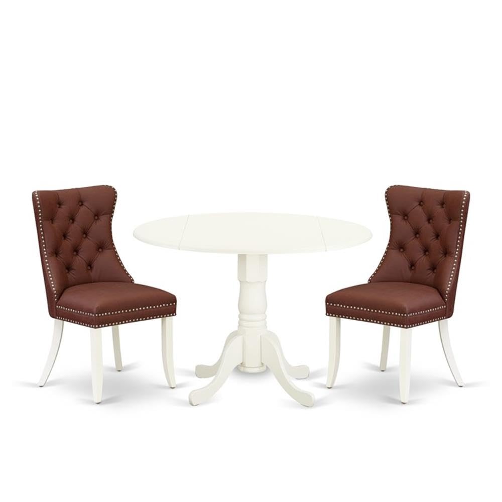 East West Furniture DLDA3-WHI-26 3 Piece Modern Dining Table Set Includes a Round Kitchen Table with Dropleaf and 2 Upholstered Parson Chairs, 42x42 Inch, linen white
