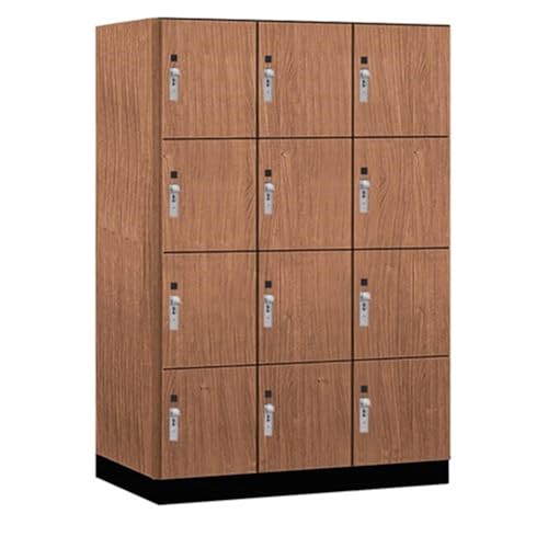 Salsbury 18 Wide Premier Wood Locker-Four Tier-3 Wide-6 Feet High-24” Deep-Red Oak-Silver Hasps