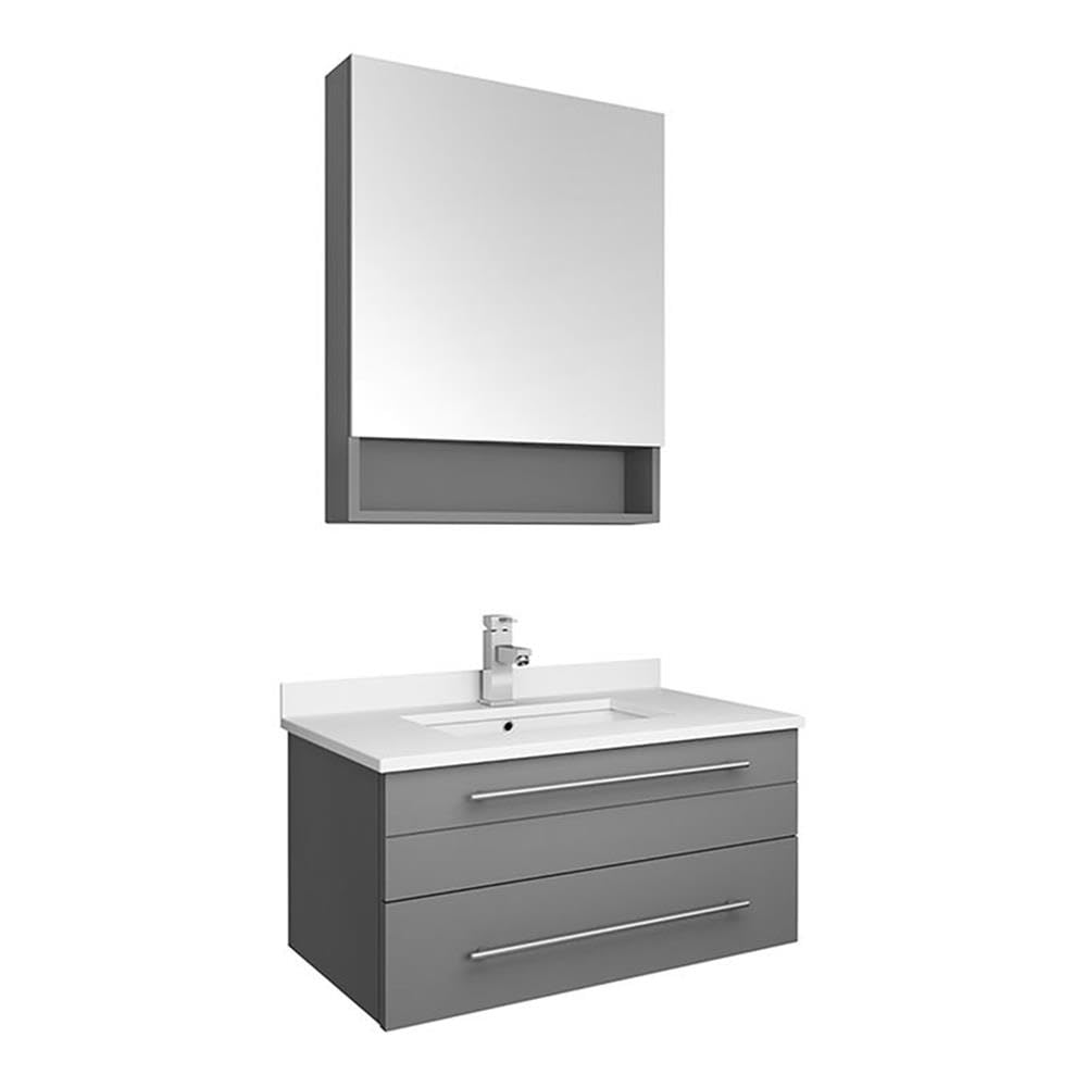 Fresca Lucera 30 Gray Modern Wall Hung Bathroom Vanity With Quartz Countertop, Ceramic Undermount Sink And 24 Medicine Cabin