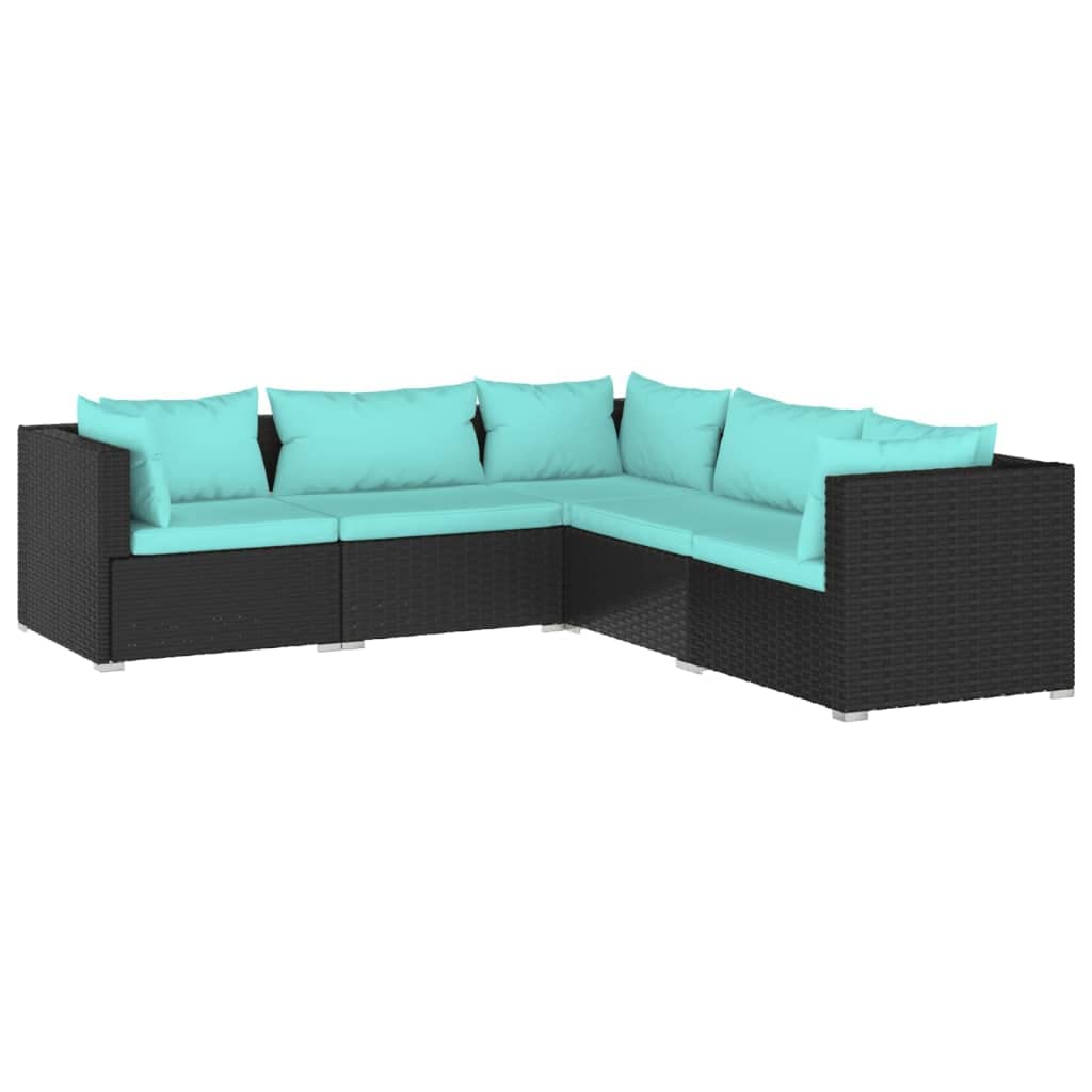 vidaXL 5 Piece Patio Lounge Set with Cushions Poly Rattan Black
