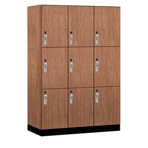 Salsbury 18 Wide Premier Wood Locker-Triple Tier-3 Wide-6 Feet High-21” Deep-Red Oak-Silver Hasps