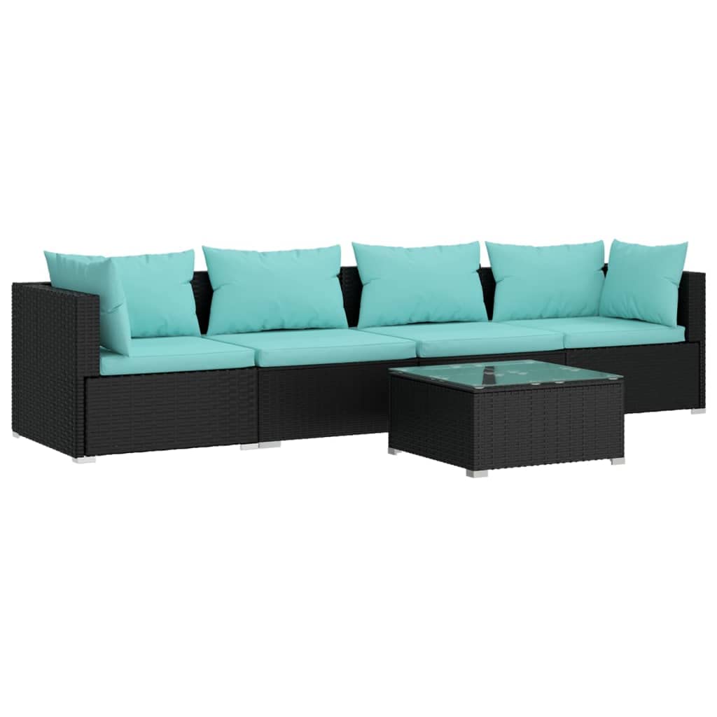 vidaXL 5 Piece Patio Lounge Set with Cushions Poly Rattan Black