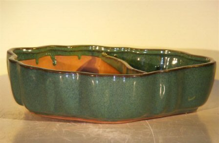 Blue/Green Ceramic Bonsai Pot - Land/Water  with Scalloped Edges  9.5 x 7.5″ x 2.25″