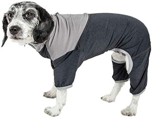 Pet Life  Active Embarker Heathered Performance 4-Way Stretch Two-Toned Full Body Warm Up, Black/Grey - X-small
