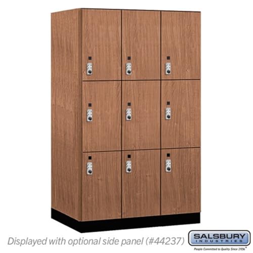 Salsbury 15 Wide Premier Wood Locker-Triple Tier-3 Wide-6 Feet High-24” Deep-Red Oak-Silver Resettable Combination Locks