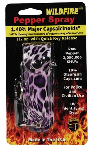 Wildfire 1.4% MC 1/2 oz pepper spray fashion leatherette holster and quick release keychain leopard black/purple