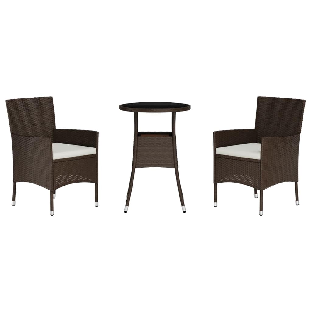 Vidaxl 3-Piece Brown Poly Rattan Patio Bistro Set Includes Cushioned Chairs And Tempered Glass Top Table – Sturdy, Weather-Resistant And Comfortable Outdoor Furniture For Deck, Garden, Lounge Area