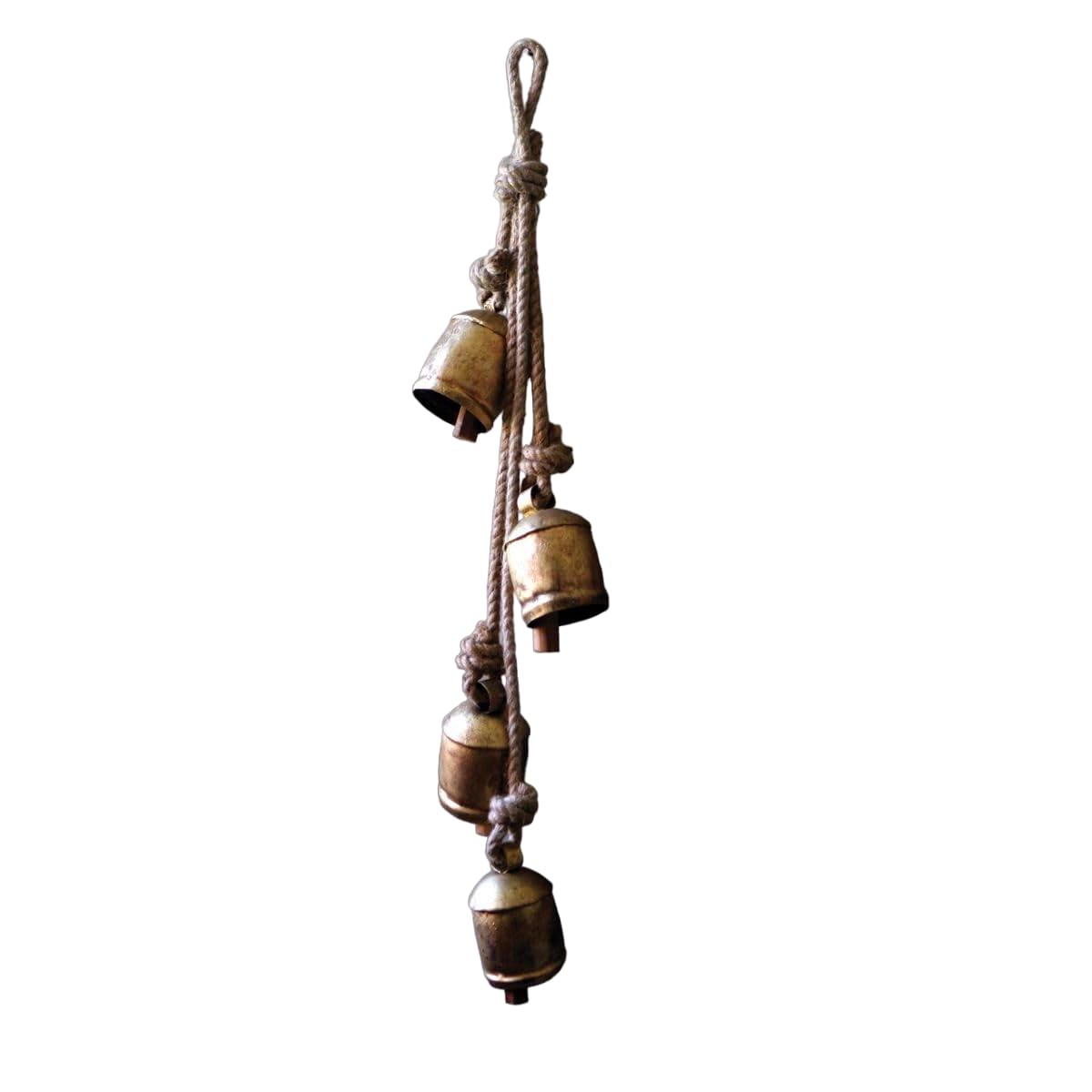 Four Rustic Iron Hanging Bells With Rope
