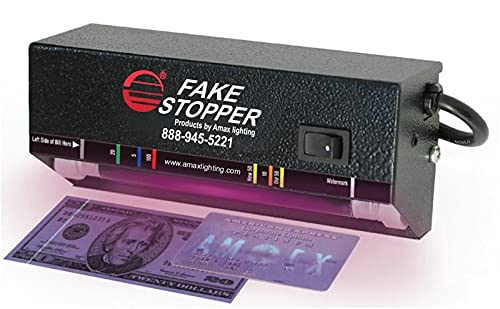 Fake Stopper detects following articles for fraud: 5,10,20 and 1000 dollar bills as well as foreign currency, passports and money orders. Made with a steel enclosure to ensure durability.  One bulb included