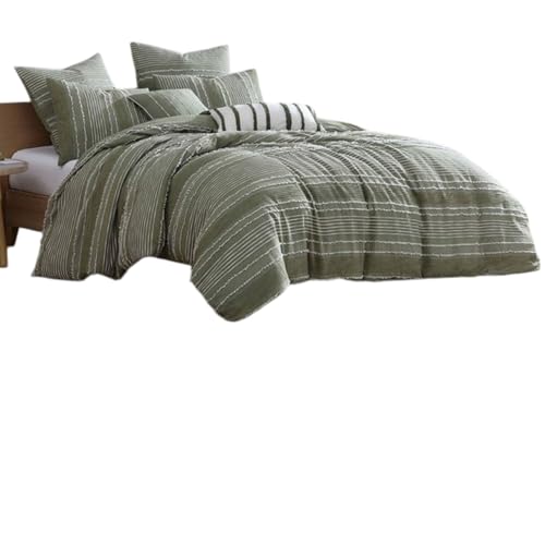Meo 5pc King Size Comforter Set, Green Textured Woven  Stripe