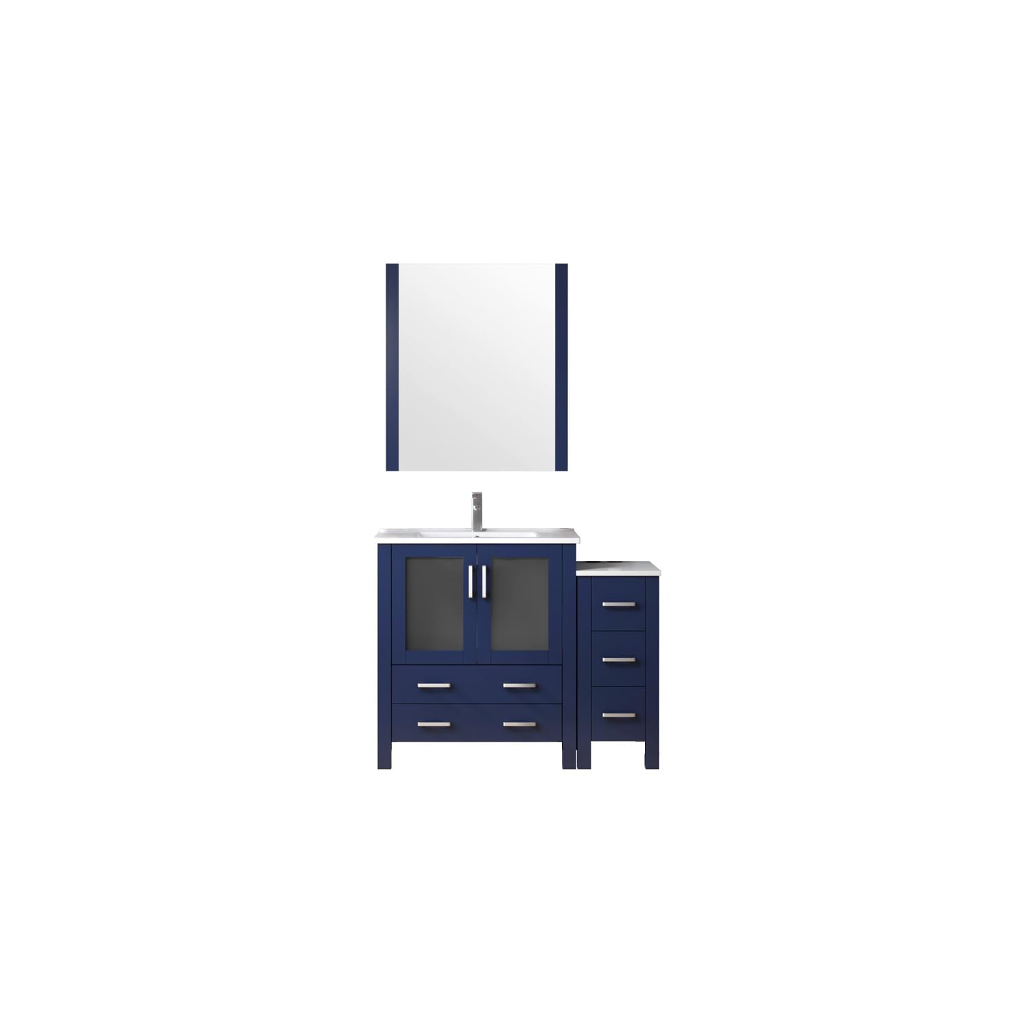 Volez 42 in W x 18.25 in D Navy Blue Bath Vanity with Side Cabinet, Faucet Set, White Ceramic Top, and 28 in Mirror