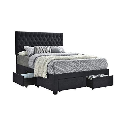 Fabric Upholstered Wooden Queen Size Bed with Bottom Drawers, Black