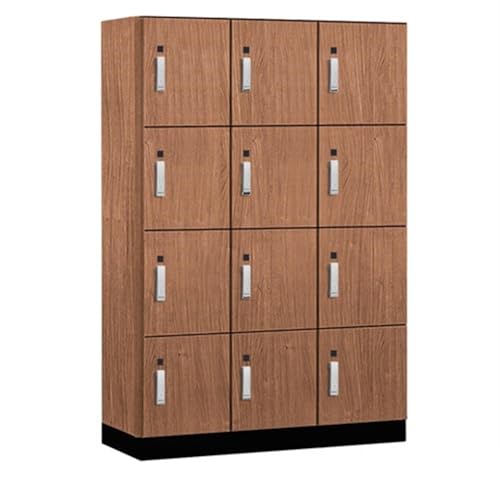 Salsbury 18 Wide Premier Wood Locker-Four Tier-3 Wide-6 Feet High-18” Deep-Red Oak-Silver Electronic Locks