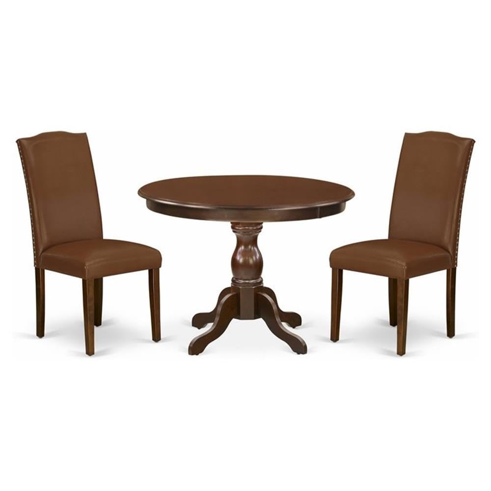East West Furniture HBEN3-MAH-66 3 Piece Dining Table Set - Mahogany Wood Table and 2 Brown Faux Leather Chairs for Dining Room with High Back - Mahogany Finish