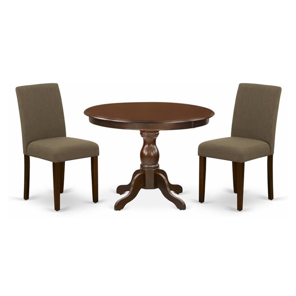 East West Furniture HBAB3-MAH-18 3 Piece Dining Table Set - Mahogany Dining Table and 2 Coffee Linen Fabric Mid Century Modern Chairs with High Back - Mahogany Finish