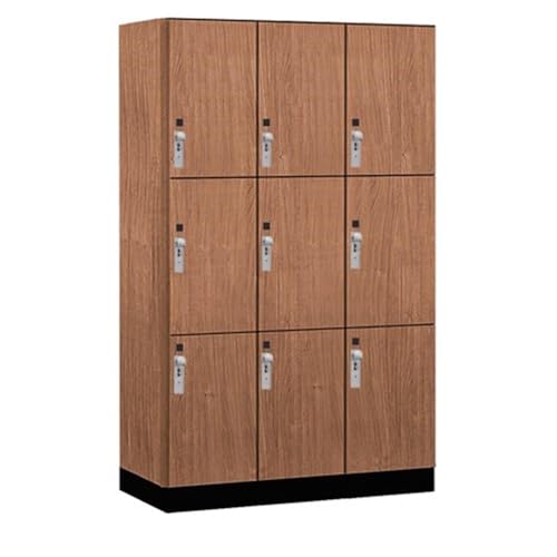 Salsbury 15 Wide Premier Wood Locker-Triple Tier-3 Wide-6 Feet High-21” Deep-Red Oak-Silver Hasps