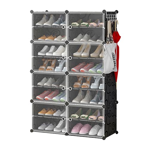 8-Tier 2-Row Shoe Rack Organizer Stackable Free Standing Shoe Storage Shelf Plastic Shoe Cabinet Tower with Transparent Doors for Heels Boots Slippers