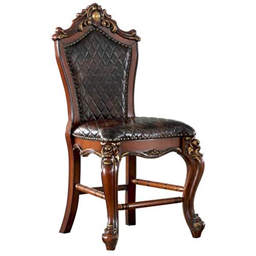 Benjara Leatherette Padded Counter Height Chair With Carvings, Set Of 2, Brown