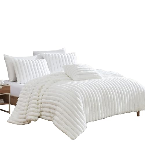 Sieno 4pc Queen Comforter Set, White Faux Fur and Micro Mink Backing